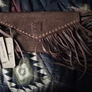 Brown Leather Fringe Clutch